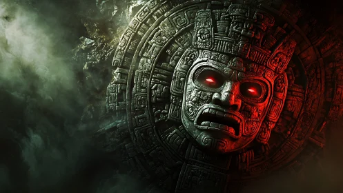 Ancient stone mask glows with eerie red light in swirling mist