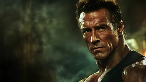 Muscular man in tank top amid dark smoky backdrop.