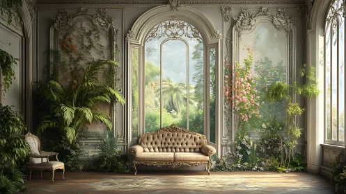 Sunlit rococo garden salon merges luxury with lush greenery