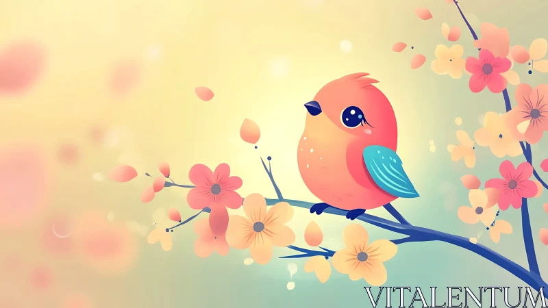 Cute cartoon bird on blossoming branch, soft pastel spring art.