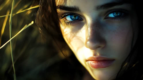 Close female portrait with blue eyes in warm side lighting.