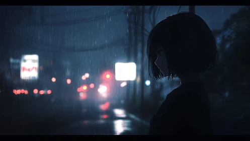 Silhouetted girl drifts through neon rain and hushed night.