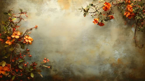 Vibrant orange flowers frame textured weathered wall backdrop.