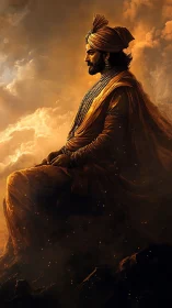 Regal warrior in luminous clouds, cinematic side profile study.