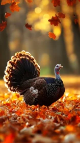 Wild turkey standing in bright autumn forest scene.