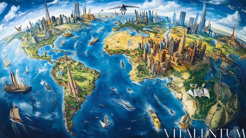 Panoramic stylized world map with global coastal megacities.