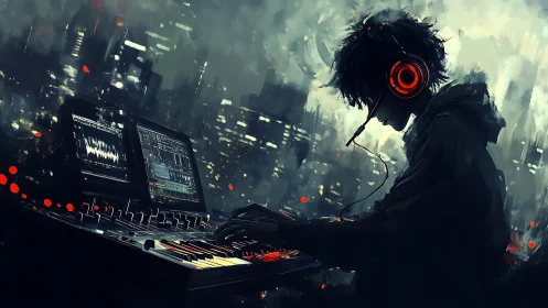Nocturnal cybernetic producer at urban audio workstation.