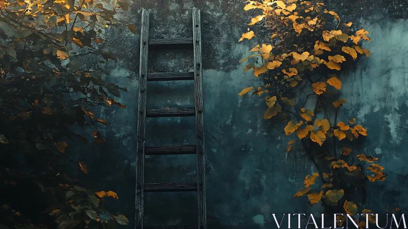 Weathered ladder and autumn vine against textured teal wall