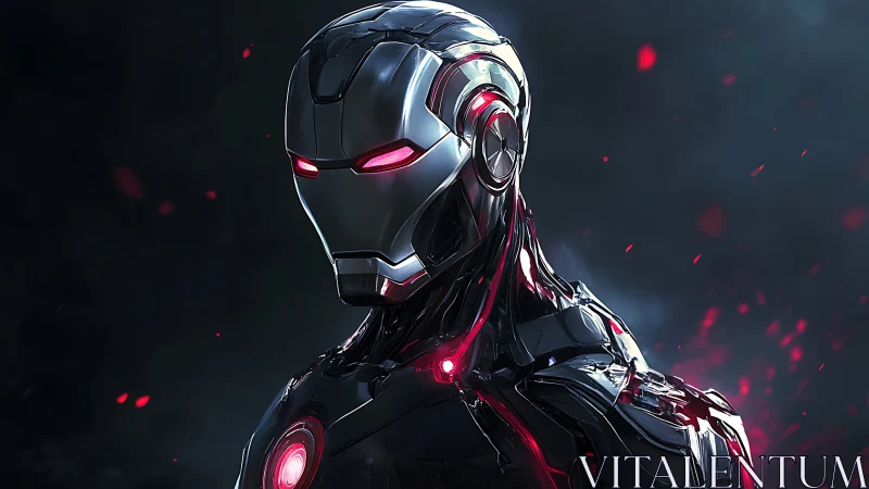 Chrome dusk sentinel with ember-lit eyes stands watch.