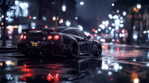 Midnight supercar hums through neon rain and mirror streets