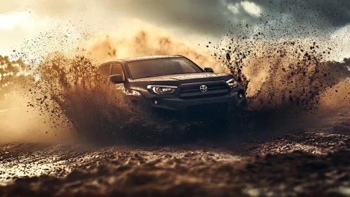 Pickup truck moves through muddy terrain under stormy sky