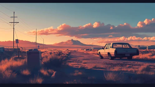 Desert highway sedan at sunset with cinematic long shadows.