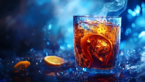 Glass of cola with ice cubes in blue-lit environment