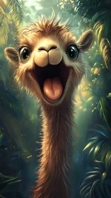 Cartoon camelid portrait with elongated neck in jungle setting.
