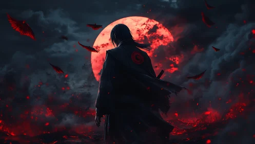Lone warrior before blood-red moon in burning stormscape.