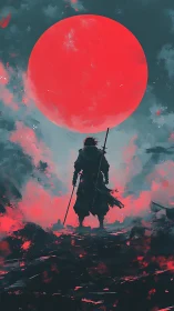 Solitary sword figure under large red moon on horizon.
