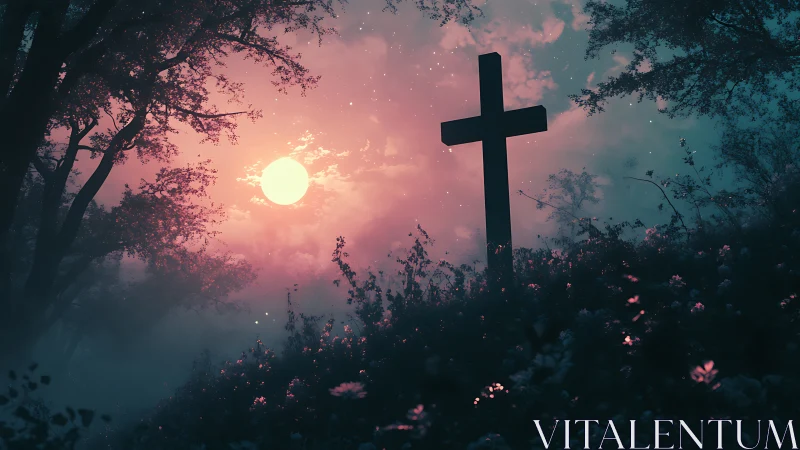 Digital painting of luminous cross at dusk woodland clearing.