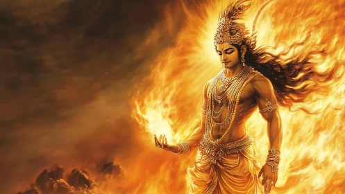 Fire deity warrior in golden flames, divine digital art.