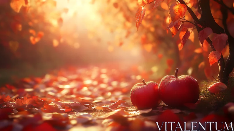 Autumn apples resting softly beneath glowing golden leaves.