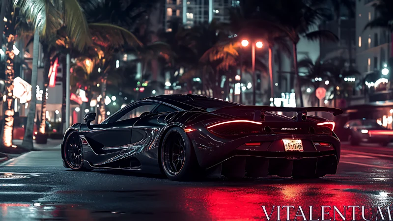 Supercar stands on wet city street under neon night lights