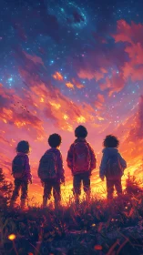 Stargazing children meet a wildfire sky of cosmic wonder.
