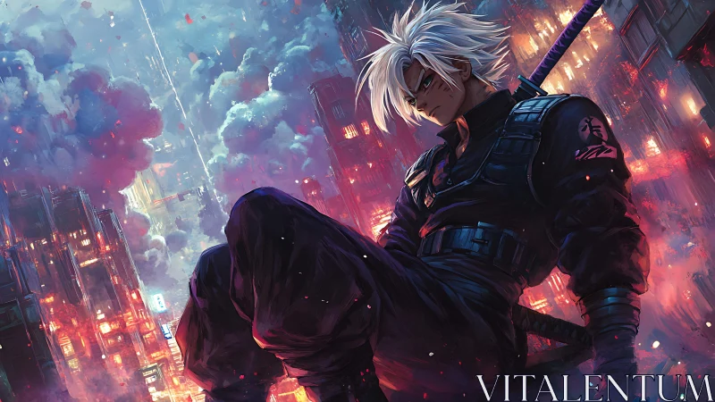 White haired cyberpunk swordsman above neon drenched megacity