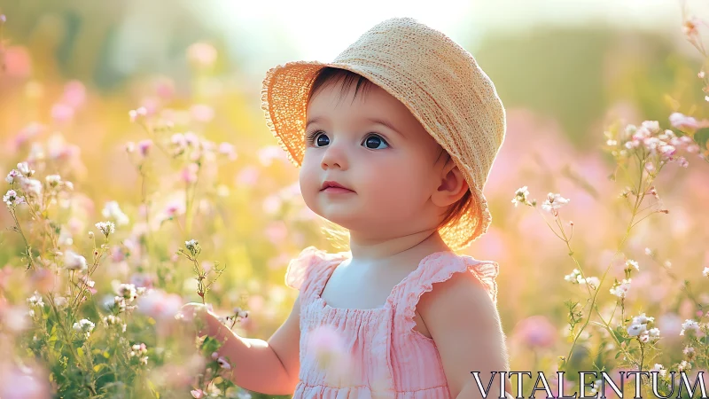 Toddler in straw hat among wildflowers in soft daylight