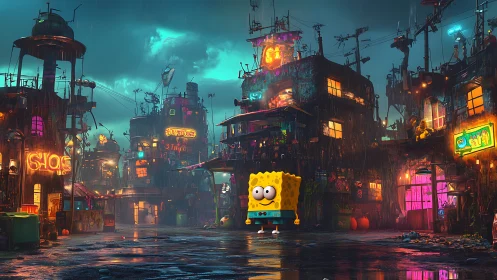 Cartoon sponge explores neon-soaked cyberpunk alleyway.