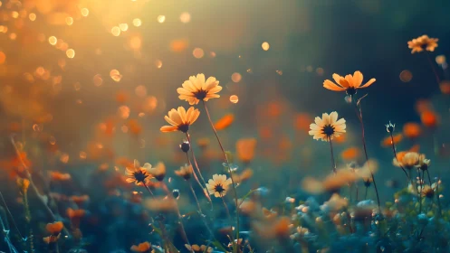 Golden Daisies Bloom in Warm Sunset Light.