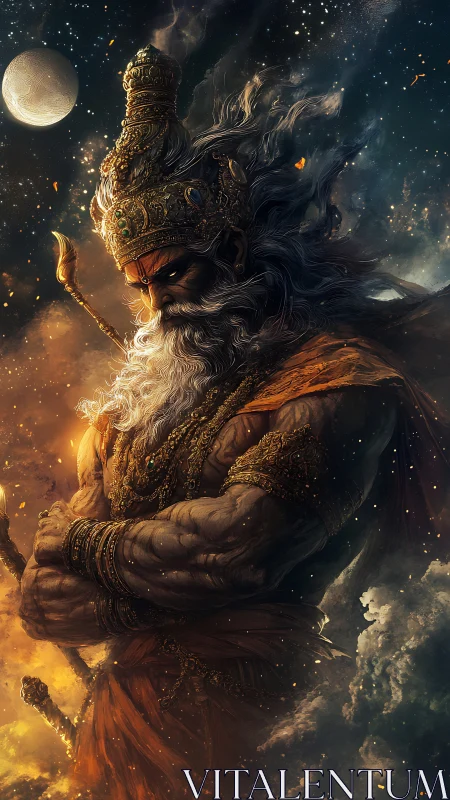 Mythic warrior figure in ornate armor within cosmic clouds.