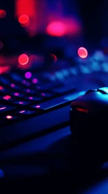 Neon-lit gaming keyboard and mouse glow in cozy darkness