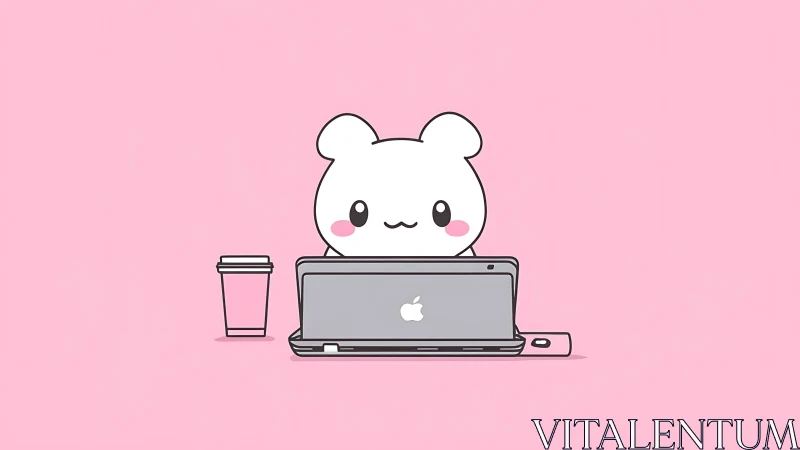 Cute bear coder at laptop on pastel pink workspace.