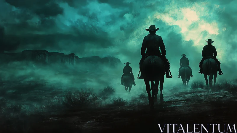 Silhouetted cowboys ride through foggy desert at dusk