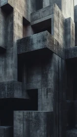 Layered concrete cubic volumes in dense vertical arrangement.