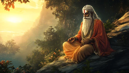 Meditating sage in orange robes on a sunlit mountain cliff.