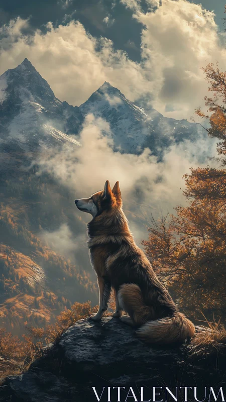 Loyal mountain dog gazes toward sunlit, misty peaks