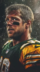 Gridiron portrait under rain with dramatic sidelight and grit.