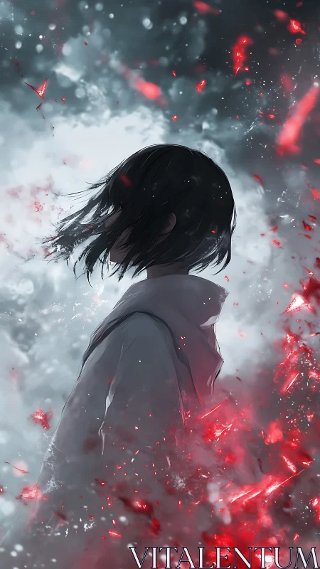 Side-profile silhouette in storm of red particulate shards and fog