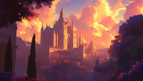 Golden cathedral city glows beneath dramatic sunset clouds