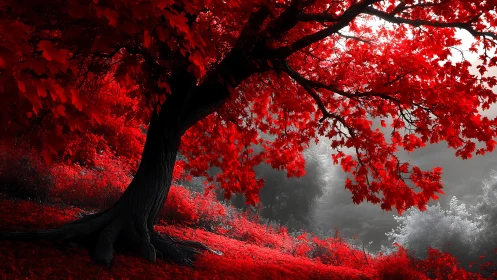 Crimson maple tree glows above a misty monochrome valley.