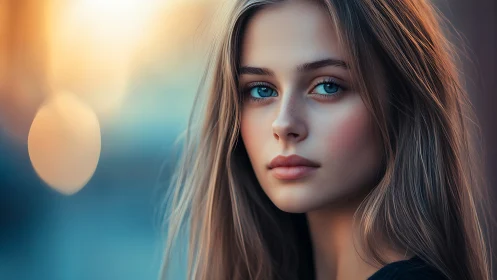 Soft evening portrait with calm blue eyes and gentle light.