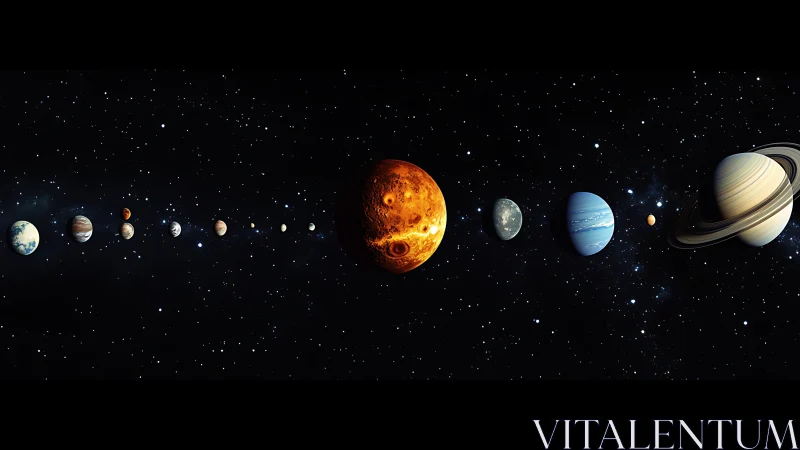 Solar system planets aligned across deep black starfield