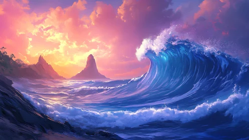 Glowing sunset wave curling toward peaceful island cliffs.