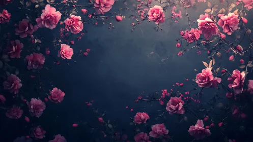 Pink roses and foliage arranged against dark blue background.
