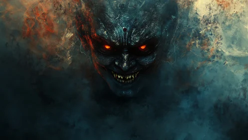 Digital painting of demonic visage in infernal mist field.