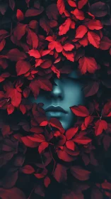 Mystical blue face dreaming beneath a waterfall of red leaves.