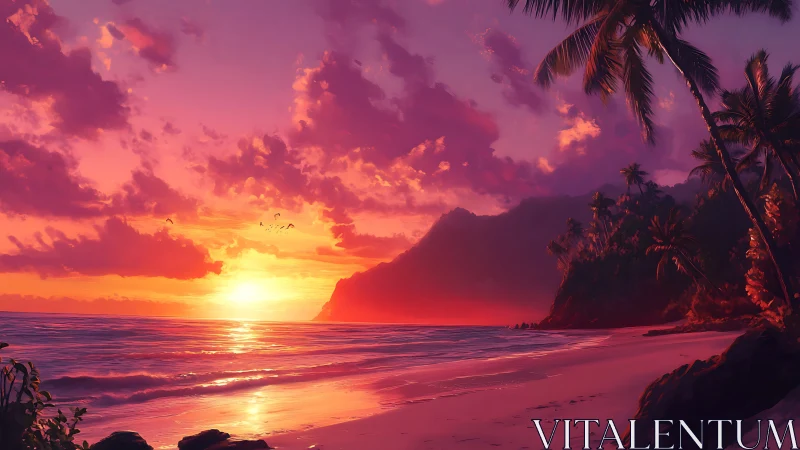 Radiant tropical sunset bathes a quiet palm-lined beach in glow