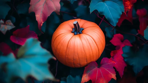 Autumn pumpkin glows amid teal and crimson ivy leaves.