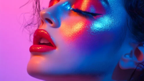 Close-up portrait of woman with neon makeup and dramatic lighting.