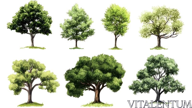 Lush green tree illustrations present diverse natural silhouettes